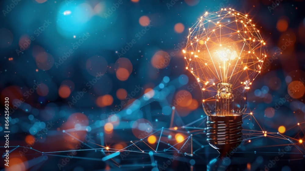Poster illuminated lightbulb with network connections on blue background. generative ai