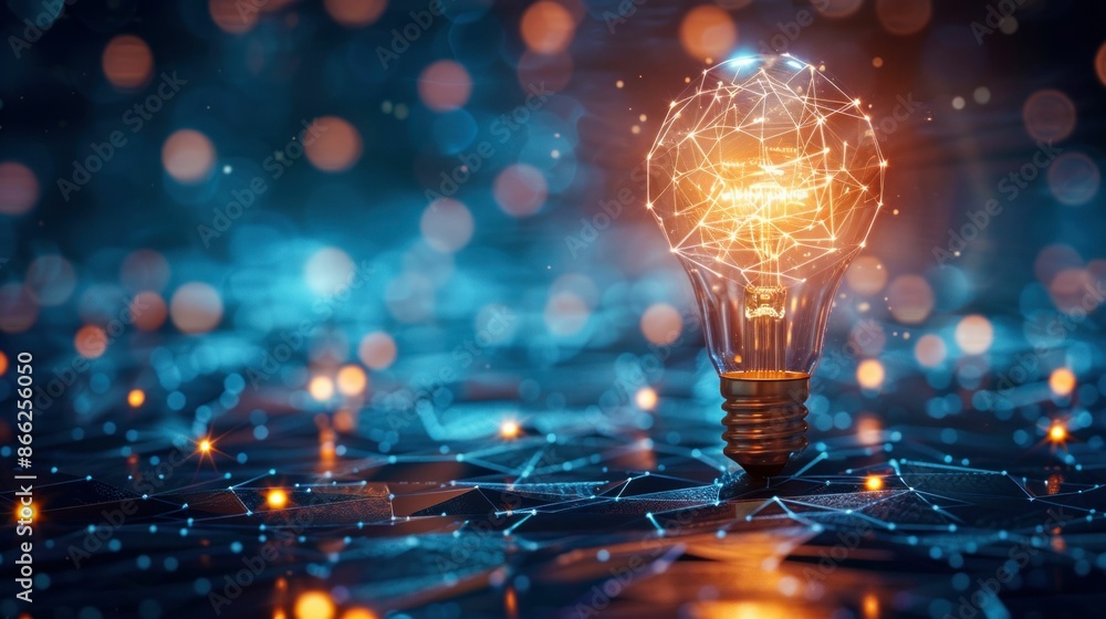 Poster illuminated lightbulb with network connections on blue background. generative ai