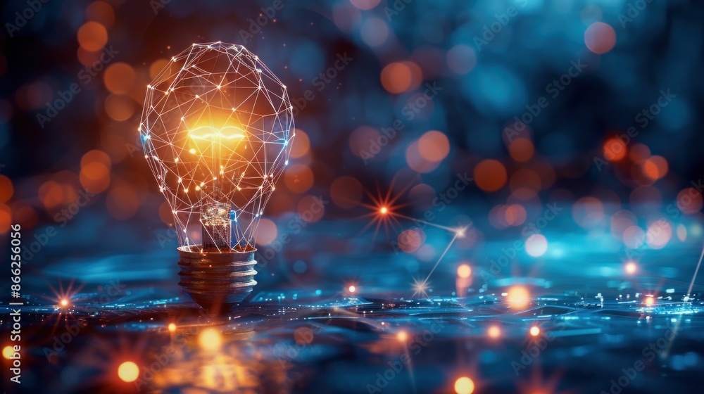 Aufkleber illuminated lightbulb with network connections on blue background. generative ai