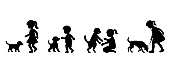 Children playing with pet dog side view silhouette black filled vector Illustration icon. kids playing vector. Children are jumping, playing and having fun.