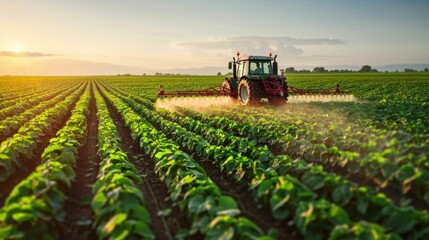 Fototapeta premium Tractor Spraying Crops on Sunny Farmland. Generative ai
