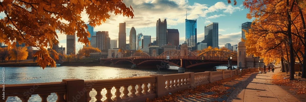 Wall mural Beautiful Skyline of Minneapolis City in Autumn with 3rd Avenue Bridge