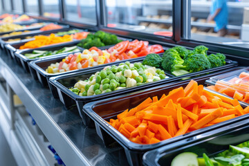 School cafeteria with kids enjoying healthy lunches, social and nutritious, vibrant school meals