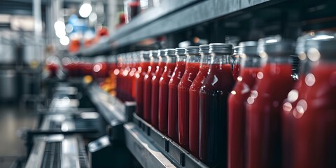 Modern Production Line at an Industrial Juice Bottling Plant for Natural Juices. Concept Industrial Machinery, Juice Bottling, Production Line, Natural Juices, Modern Technology