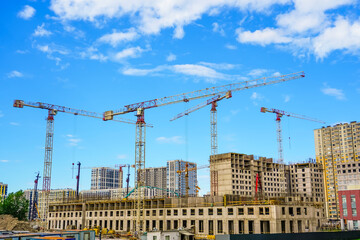Panorama view large construction sites and many cranes are working in the, Industry new building...