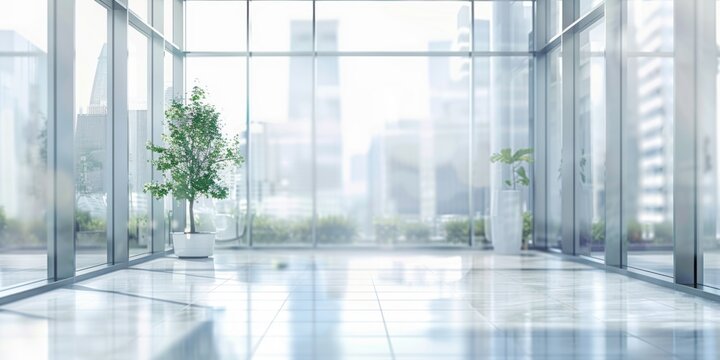 Blur of white open space office interior in white glass office background modern cityscape background, Business lifestyle.
