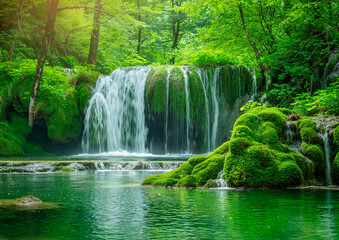 Lush Green Forest Waterfall With Moss Covered Rocks in the Front