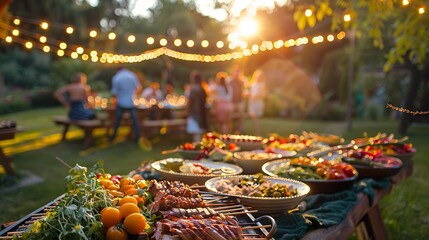  An evening garden party featuring a decorated table with a variety of foods. Festive mood