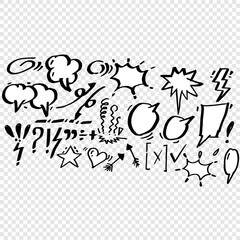 Set of hand drawn, speech bubble, emphasis, punctuation marks, underline, arrow, highlight text, doodle check mark, pencil stroke, swoop line icon, vector