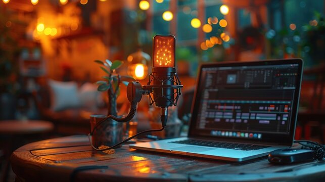 Concept of anywhere at workplace. A sleek podcast microphone setup in front of a modern laptop, photograph of a close up of a microphone on a desk in a cozy modern podcast studio room with a laptop.