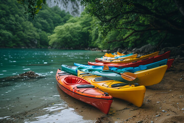 Fototapeta premium Kayaks lined up on the shore ready for adventure
