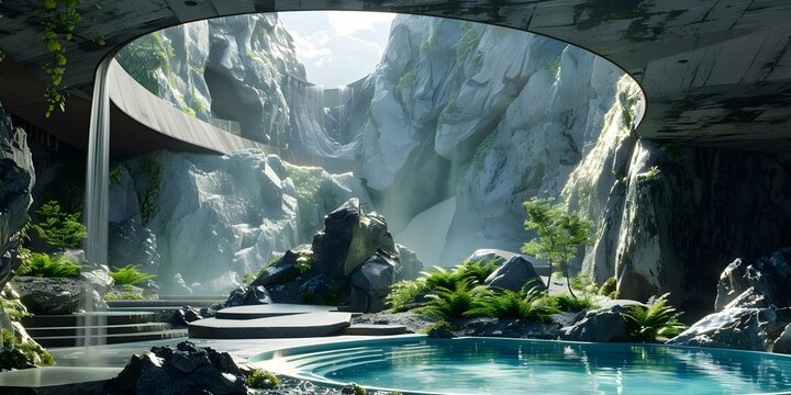 A futuristic spa retreat surrounded by geothermal landscape, featuring hot springs, waterfalls, and gardens. Concept Futuristic Spa Retreat, Geothermal Landscape, Hot Springs, Waterfalls, Gardens