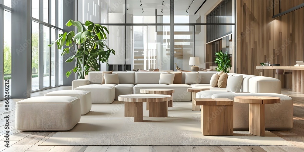 Poster 3d rendering of contemporary open space featuring modular sofa and wooden tables. concept interior d