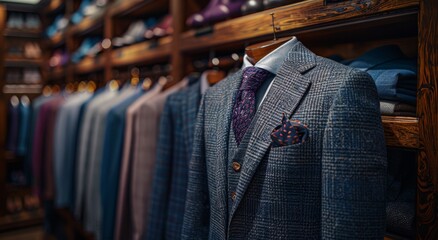 Ultra photorealistic commercial photo featuring men's plain navy and grey suits hanging in a closet