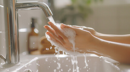 Woman washing hands under water tap, Liquid antibacterial soap and foam, Close up of female hand, Self care and hygiene, Infection prevention.