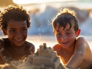 Zwei Jungen bauen Sandburg am Strand