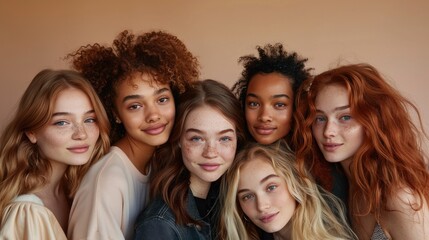 Obraz premium A diverse collection of young ladies, each with their own unique style and skin tone, strike a close pose to highlight their inherent beauty.