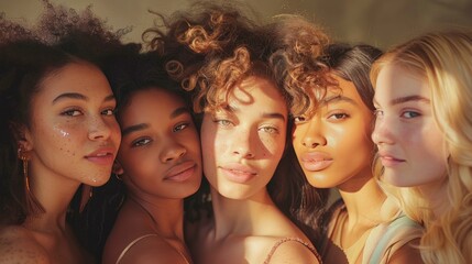 Fototapeta premium A group of models displaying their various hairstyles and lengths are featured in this warm and inviting studio portrait that emphasizes shine and texture in fashion studio aesthetics.