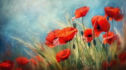  Bright red wild poppies on a field painted with oil paint on canvas.