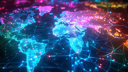 High-tech digital map with neon colors and network connections
