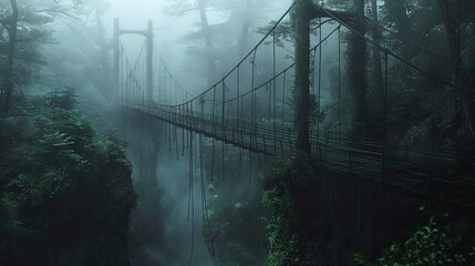 Old Suspension Bridge Spanning a Gorge in a Misty Forest.