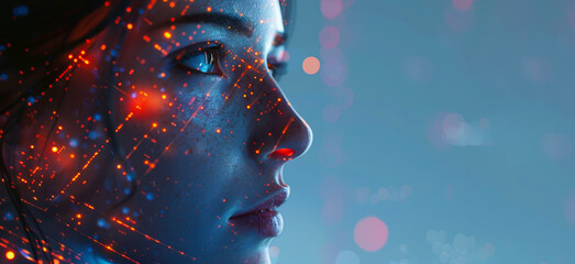 AI-Enhanced Digital Face. A close-up of a woman's face with illuminated digital patterns, representing the fusion of human and artificial intelligence in a futuristic context.