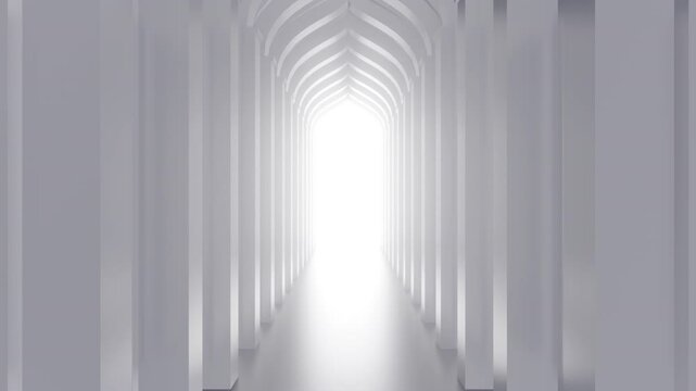 Arabic white arch interior with bright volumetric light in exit or enter. Mosque minimal corridor, tunnel or window. 3d animation.