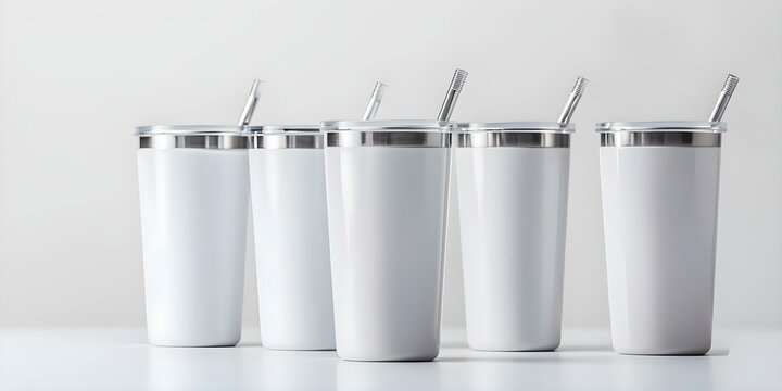 White Stainless Steel Sublimation Blank Tumblers with Straw Product Photography. Concept Stainless Steel Tumbler, Sublimation Blank, Product Photography, White Tumblers, Straw Included
