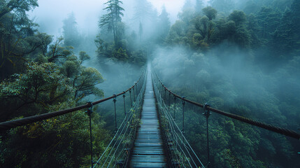 Fototapeta premium Old Suspension Bridge Spanning a Gorge in a Misty Forest.