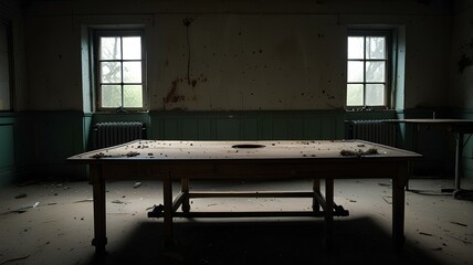 spooky old abandoned and haunted mortuary table.