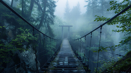 Fototapeta premium Old Suspension Bridge Spanning a Gorge in a Misty Forest.