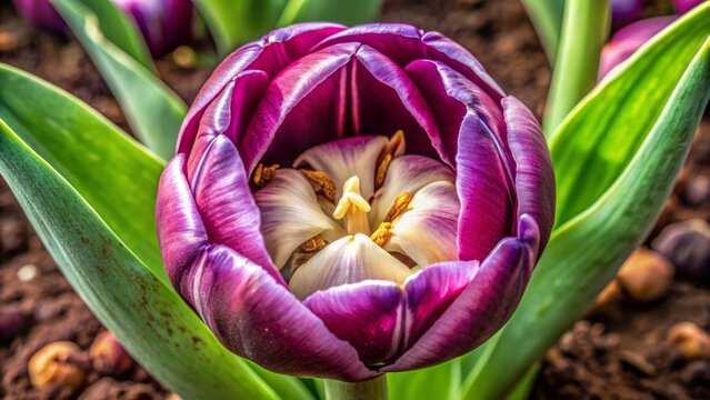 Vibrant purple tulip bulb's intricate cross-section reveals delicate, layered scales and nascent flower bud, surrounded by brown, earthy skin and white, fleshy interior.