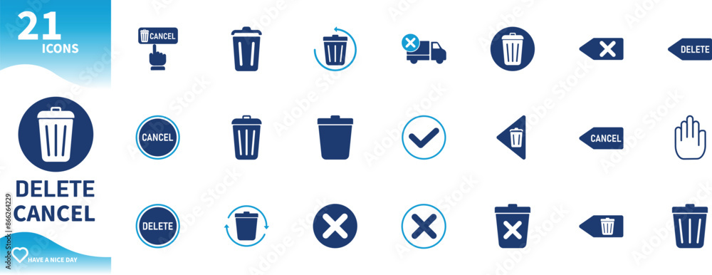 Poster delete and cancel icon. set of trash can icons, x sign, delete button, cancel button,...