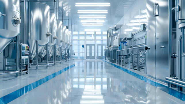 Modern Industrial Factory Interior. Clean and modern interior of an industrial factory, featuring shiny stainless steel equipment and advanced manufacturing technology.