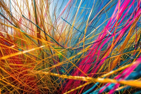 Bundles of abstract fiber lines intricate web of threads, colored lines spread across the field