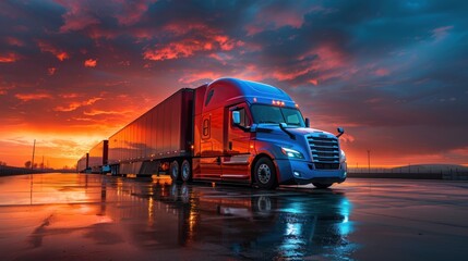 A twilight sky depicts the world's logistics industry and cargo trucks navigating nighttime transport