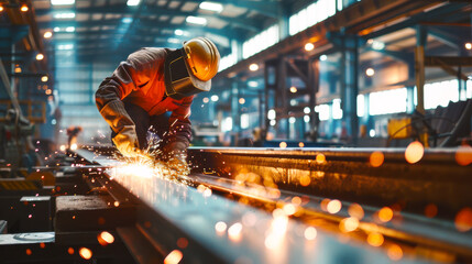 Welder Working in a Factory. A welder in protective gear working in a factory, surrounded by bright sparks as he welds a metal structure in a spacious industrial setting.