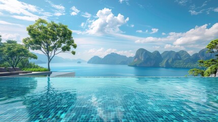 Luxury infinity pool overlooking the ocean with stunning blue water and mountains in the background.  Concept of travel, vacation, relaxation, and paradise.