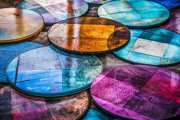 Vibrant skateboards in a colorful arrangement on a wooden surface