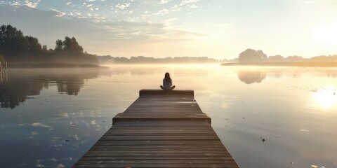 Calm morning meditation by the lake. Young woman outdoors on the pier. Wellbeing and wellness soul concept