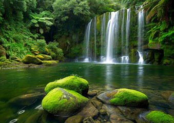 Lush Green Forest Waterfall With Moss Covered Rocks in the Front
