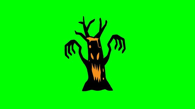 Scary tree animation on green screen. Spooky halloween element.