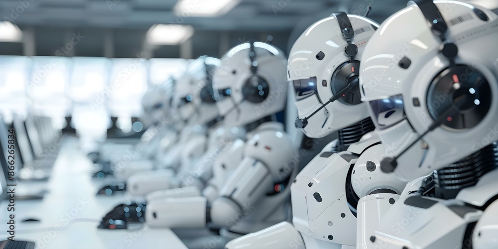 Poster automated call center assistance robots answering customer service calls. concept customer support, 