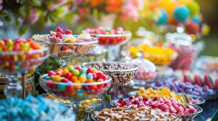  Candy bar food buffet, during hotel brunch, catering in the garden, food bloggers event, banquet, wedding, festive sweet dessert celebration party