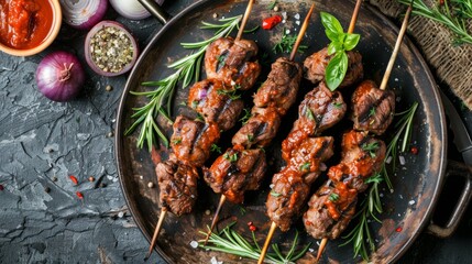 Grilled skewered meat with herbs and spices on rustic table