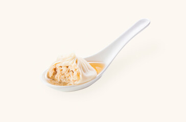 Chicken Xiao long bao steamed bun dumpling served in spoon isolated on grey background side view of...