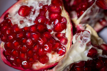 Close-up of a garnet in section. Pomegranate grains. 