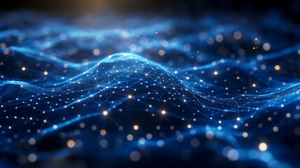 Dark blue background with digital waves and glowing dots representing the concept of blockchain technology, creating an abstract representation of big data network connections.