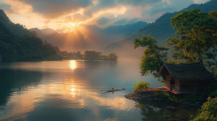 Fototapeta premium A peaceful moment by the water A peaceful lake at dusk the orange-and-blue-hued sky, reflecting trees and clouds in the peaceful evening light