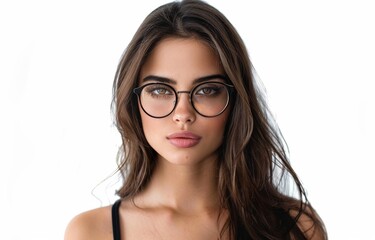 Obraz premium Beautiful woman with long hair and glasses, isolated on white background